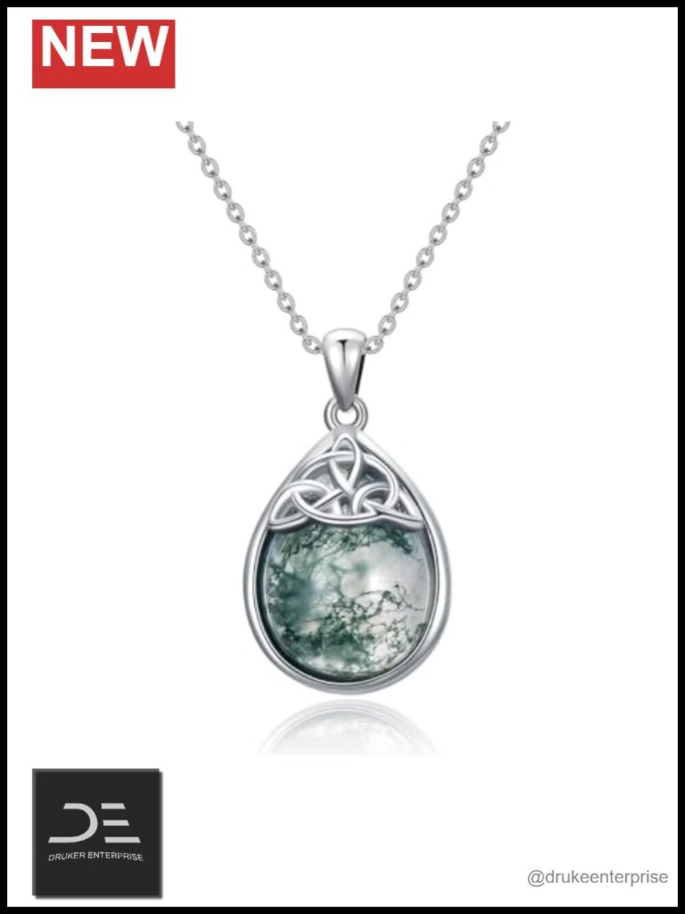 Celtic Knot Necklace for Women 925 Sterling Silver Moss Agate Teardrop Pendant